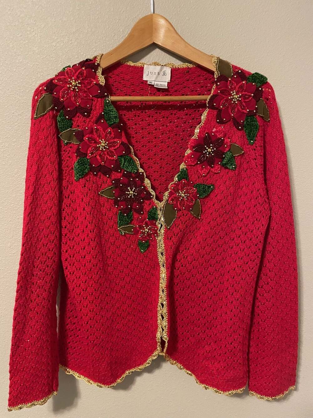 Vintage Just B Cardigan Sweater Womens XL Red Poinsettia Floral Beaded Christmas
